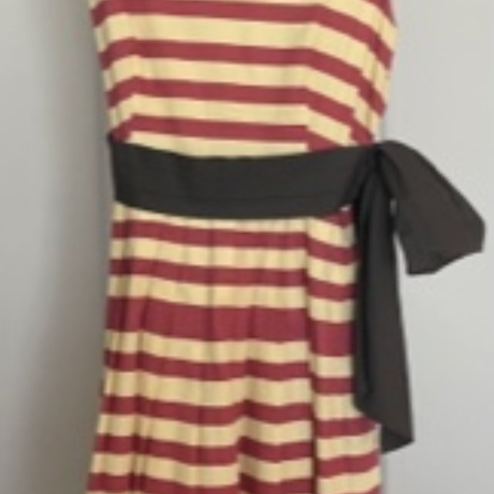 Robe de coton rayures rouge brique et jaune avec ceinturon brum très stylée
